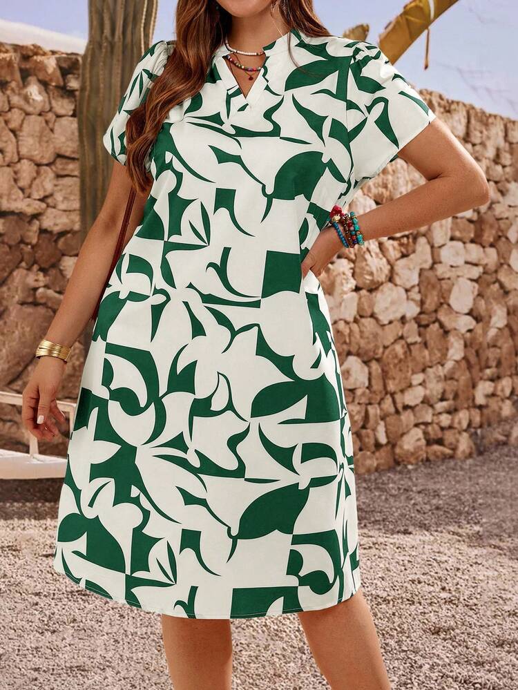 Plus Size Women Summer Vacation Casual Geometric Print Short Sleeve Dress,Spring Break Outfits ,Vacation Outfits Women ,Holiday Outfits For Women,Going Out Outfits,2026 New Clothes,Simple And Fashionable For Everyday Wear, Short Sleeve Summer Dress,Dress Modest,Sun Dresses For Women,Sundress,Flowy Dress,Holiday Outfits Boho, Summer Casual Dress Abstract Print Dress Green And White Dress Green Summer Dress Women, Summer Dresses