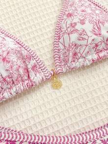 SHEIN Teen Girls Vintage Floral Print Spaghetti Strap Bikini Set Apricot Knitted Texture Shell Decoration Halter Neck Stitch Halter Triangle Bikini Set Summer Beach Outfit Bathing Suit