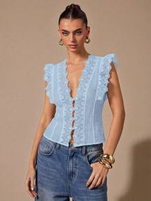 SHEIN BAE Black Lace Sleeveless V-Neck Minimalist Top, Black Lace Tank Top - Baby Blue - View 3