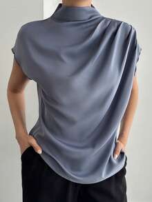 Livesso Blusa casual de mujer con mangas de murciélago plisadas, adecuada para el trabajo, verano - Azul - Ver 3