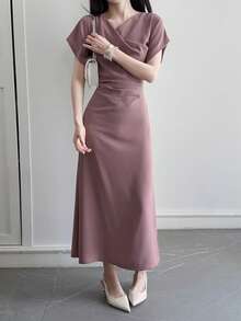 DAZY 女士夏季度假风短袖收腰中长连衣裙，圆领设计 - 紫色 - 查看 7