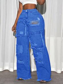 SHEIN Tall CURVE Boyfriend Jeans in Große Größen mit abgerissenen und ausgefransten Säumen - Blau - Übersicht 5