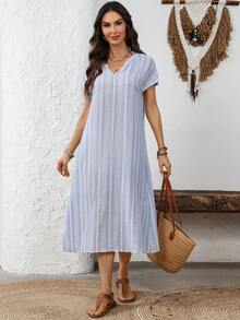 EMERY ROSE 女士夏季V领条纹印花短袖连衣裙 - 彩色 - 查看 7