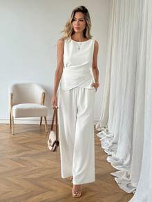 SHEIN LUNE 女士休闲纯色基础款背心和裤子两件套 夏季服装 春季女装 休闲套装 女士休闲装 女士商务休闲装 女士商务休闲装 女士商务休闲装 - 杏色 - 查看 3