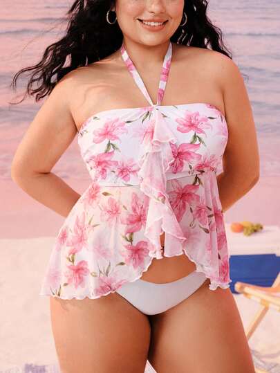 Swim Mod Plus Size Women Floral Print Halter Neck Swimsuit Top