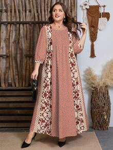 Lacomfia Rochie de primăvară cu mânecă lungă, cu imprimeu retro floral și viță de vie, mărime plus - Multicolor - Vizualizare 4