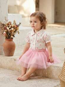 SHEIN 2pcs/Set Baby Girls Collared Puff Sleeve Heart Print Short Sleeve Blouse + Elastic Waist Mesh Tutu Skirt Cute Casual Outfit, Suitable For Spring/Summer Daily Outings Or Travel Skirt فستان دانتيل - Pink - View 2