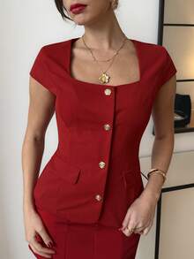 SHEIN Clasi Áo kiểu nữ màu đỏ thanh lịch, thích hợp mặc trong dịp năm mới, Lễ tình nhân, mùa cưới, mùa xuân/hè. - Đỏ - Xem 6