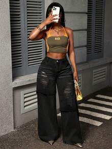 Slaydiva Quần jean ống rộng họa tiết chắp vá, có túi cỡ lớn dành cho nữ, thường ngày, đa năng, dễ mặc khi đi làm - màu đen - Xem 7