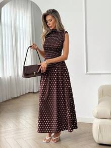 Easowa Women's Fashionable Casual Purple Polka Dot Dress Long Summer Dress For Women Valentines Day Dress Valentines Day Dress Sleeveless High Neck Smocked Bodice Polka Dot Maxi Dress Valentine's Day Dress Vacation Outfits Women Valentine Outfits For Women Casual Long Dress Summer Outfits Elegant Dresses For Women Dress Modest Polka Dot Dress Women Dress Midi Women Dresses Long Spring Outfits,Casual Clothes - Coffee - View 4