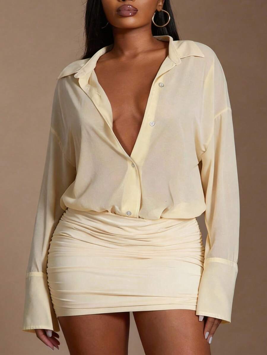 SHEIN SXY 大码女式法式时尚性感飘逸长袖衬衫迷你连衣裙