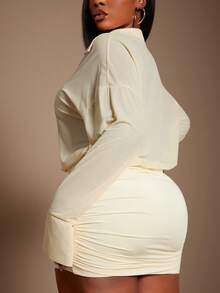 SHEIN SXY 大码女式法式时尚性感飘逸长袖衬衫迷你连衣裙 - 杏色 - 查看 9