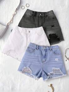 SHEIN Teen Girl 3 Pieces Solid Light Washed Ripped Raw Hem Baggy Denim Jeans Shorts,White,Summer,Streetwear,Graduation,Back-To-School,Boho Beach Holiday - Multicolor - View 3