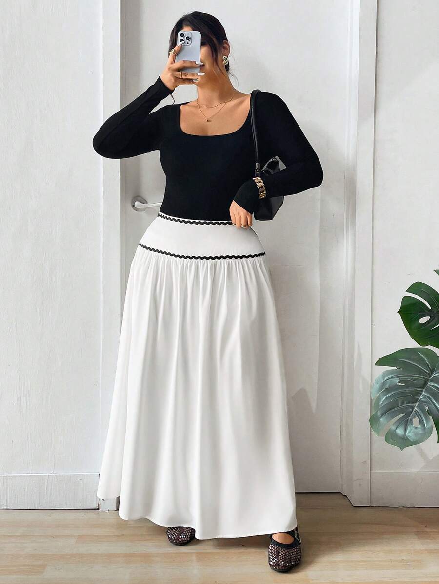 Lounesse Plus Size Women's Black And White Elegant Autumn Tea Party Contrast Design Ruffle Hem Long Skirt,Elastic Waist Boho Slip Skirt For Casual Vacation - Black and White - View 1