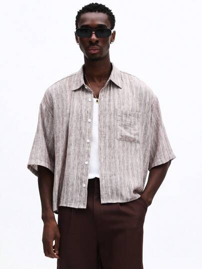 SUMWON Relaxed Oversized Short Sleeve Striped Button Down Shirt With Chest Pocket Classic Collar Summer Casual Wear