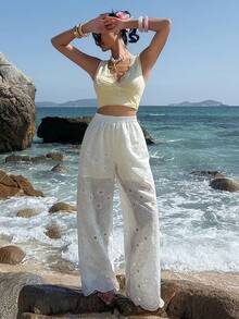 Livesso 女士弹力腰带烧花刺绣休闲百搭通勤阔腿裤 - 白色 - 查看 6