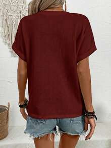 Lymera Women's Casual Everyday Commute Solid Color Waffle Fabric Notched Neck Button Loose T-Shirt, Summer - Burgundy - View 2