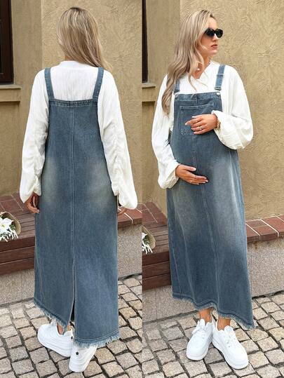 SHEIN Maternity Solid Color Casual Denim Pinafore Dress Spring Christmas New Year Thanksgiving Commuting Vacation Graduation Chic Y2k Cute Streetwear Party Wedding Elegant Business Casual Woman