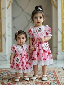 夏季泡泡袖蕾丝收腰印花连衣裙，斋月灯笼女孩可爱娃娃印花婴幼儿女童连衣裙，阿巴雅长袍 - 粉色 - 查看 3