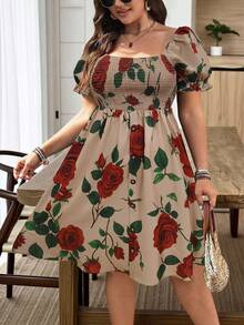 EMERY ROSE Plus Size Women Square Neck Puff Sleeve Brown Red Rose Vacation Retro Flounce Hem Decorated Button Front Dress - Multicolor - View 3