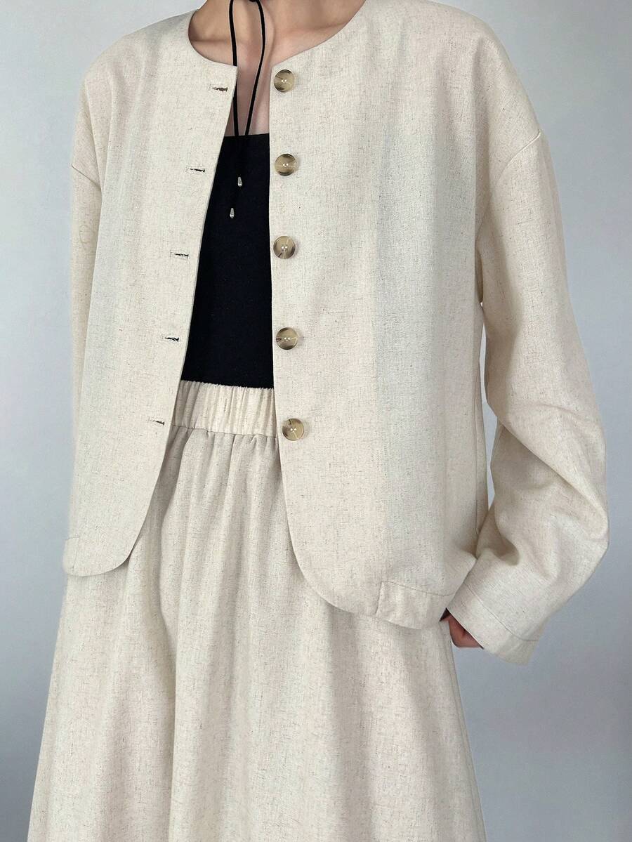 FRIFUL 2pcs Women Linen Dropped Shoulder Long Sleeve Loose Straight Pants Set - Beige - View 1
