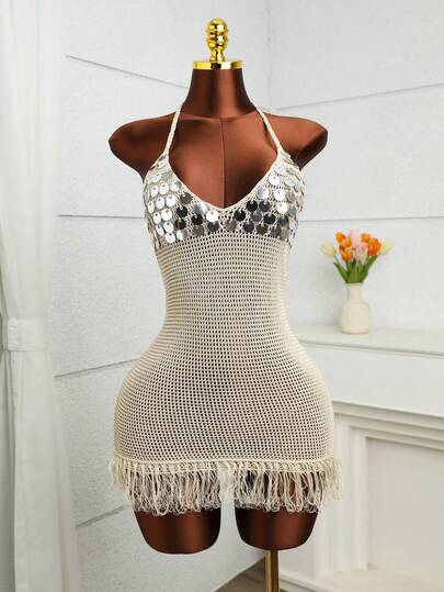 Glamine Elegant Autumn New Single-Piece Knitted Khaki Backless Sleeveless Sequin-Decorated Women Sweater Dress, Romantic Style For Party