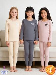 6件套女童保暖内衣套装，长袖上衣和裤子，蝴蝶印花，舒适面料