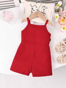 SHEIN Baby Girls' Casual Sleeveless Elastic Ribbed Fabric Bow Decor Romper, Short Style, Pink, Summer - Red - View 2