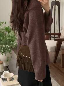 DAZY Women's V-Neck Solid Color Casual Versatile Long Sleeve Pullover Sweater - Brown - View 2