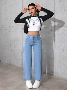 SHEIN PETITE 女士高腰口袋阔腿宽松休闲百搭牛仔裤 - 中等水洗藍 - 查看 3