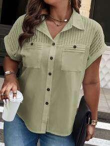 Breezaya Plus Size Solid Color Patch Pocket Front Button Casual Short Sleeve Shirt - Mint Green - View 5