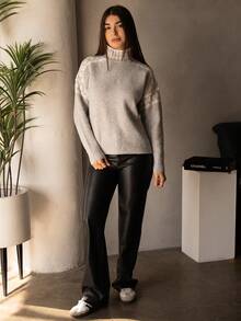 Andrea Bello Women's Geometric Pattern Stand Collar Drop Shoulder Long Sleeve Loose Casual Sweater, Autumn/Winter,Knitted Sweater - Apricot - View 6