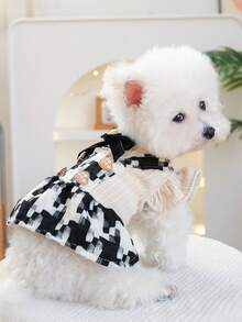 PETSIN 1pcAutumn Winter Pet Plaid Tweed Dress - Heart Decor & Velvet Bow For Small Dogs & Cats - Black and White - View 6