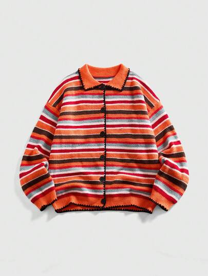 Cardigan casual a maniche lunghe con bottoni, stampa a blocchi di colore e righe