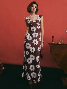 Poéselle 女士优雅印花中长连衣裙 - 杏色 - 查看 5