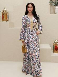 Al Najma 女士印花V领贴花长袖土耳其束腰外衣和阿拉伯传统长裙 - 彩色 - 查看 3