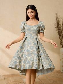 Dusky Blue Summer Elegant Graduation Formal Dress For Teen Girls,Flower Girls,Weddings,Galas,Brocade Deep V-Neck Puff Sleeve Puffy Princess Dress - Baby Blue - View 4