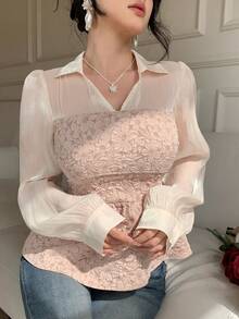 DAZY 春夏优雅二合一粉色长袖衬衫，适合办公室、通勤、婚礼、休闲场合 - 白色 - 查看 3