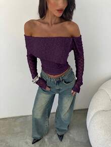 Aloruh Women's Off-Shoulder Long Sleeve Ruched Cropped Fashionable Top - Purple - View 5