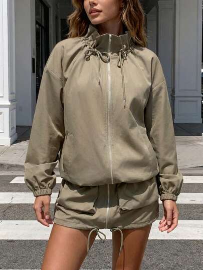 Aidyla Khaki Drawstring Jacket, Utility Pockets & Pleated Skirt Set, Casual Outfit For Outings & Gatherings, Autumn/Winter Bomber Hoodie Co Ords Sets Women