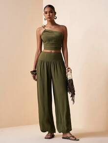 Zivah Conjunto de 2 peças com Top Verde de Linho com Babados no Decote Assimétrico e Calça com Cordão, Novo para Primavera/Verão 2026, Ideal para Festivais de Música, Páscoa, Dia de São Patrício e Férias Casuais - Verde Militar - Visão 6