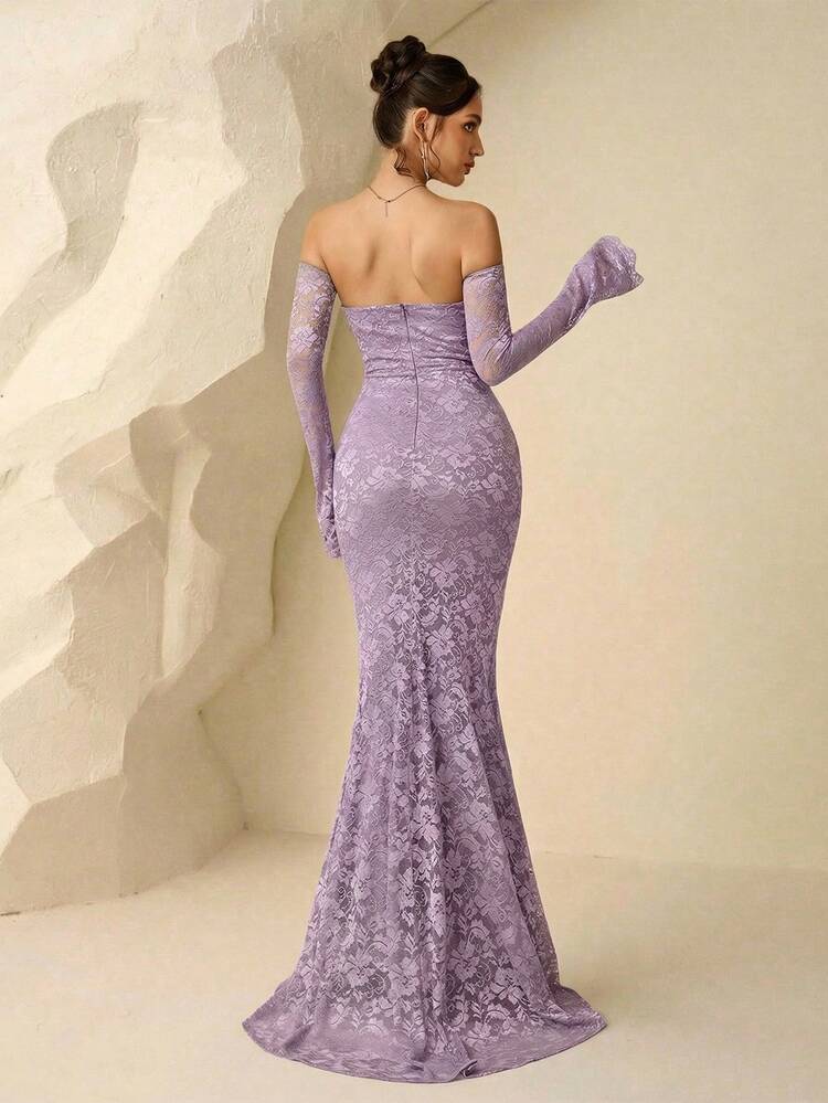 Coutiva فستان سهرة فاخر، فستان رسمي راقي، فستان حفلة أنيق ومتطور، فستان رسمي بنفسجي، فستان سهرة بنفسجي، فستان أنيق بنفسجي للنساء، فستان رسمي مطرز بالدانتيل بتصميم الحورية - الأرجواني - مشاهدة 2