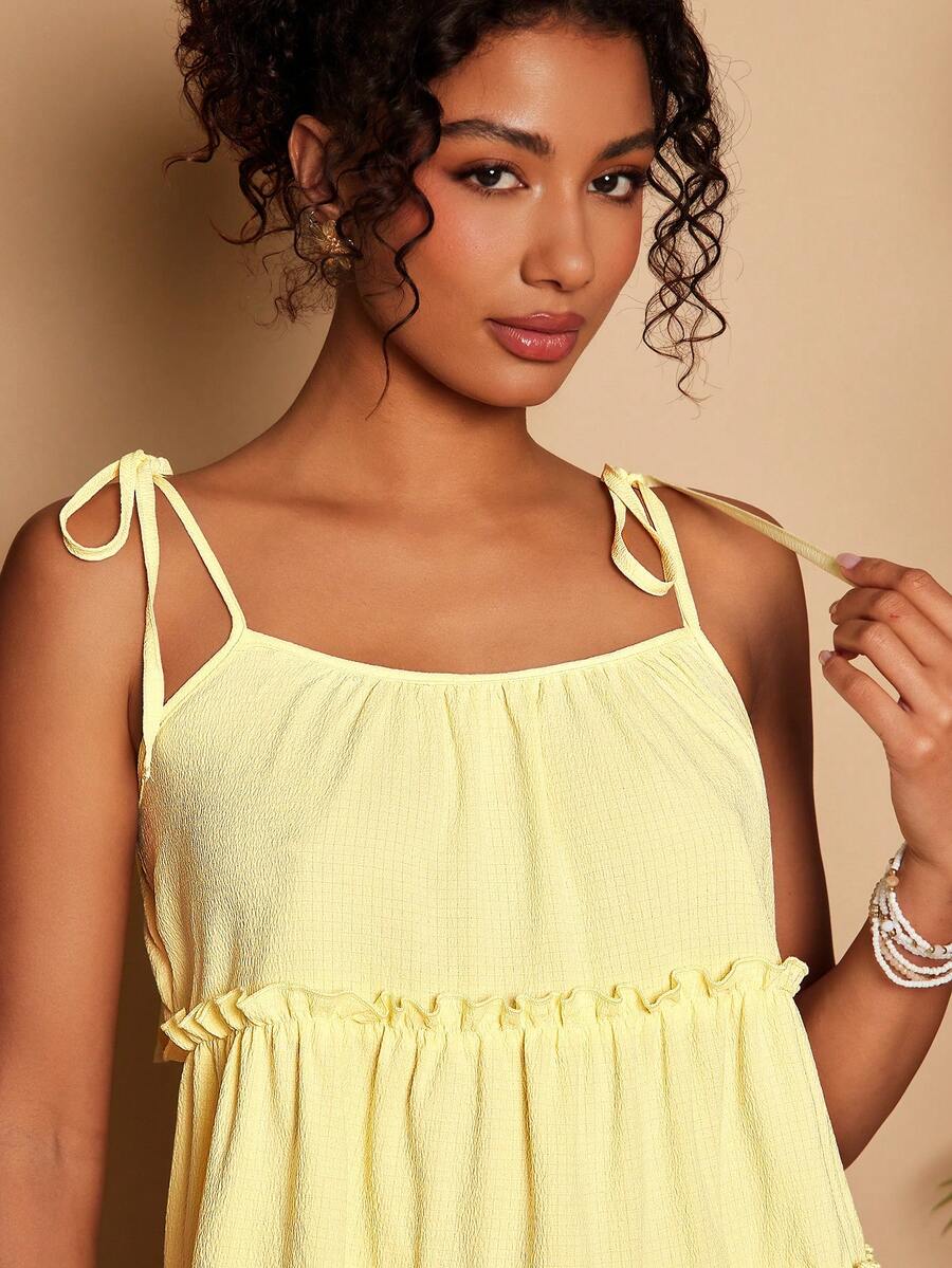 Travachic 纯色吊带迷你连衣裙，浪漫假期，春夏度假装，夏日连衣裙，沙滩裙，女士沙滩装，女士度假装，女士休闲连衣裙，黄色连衣裙 - 黃色 - 查看 1
