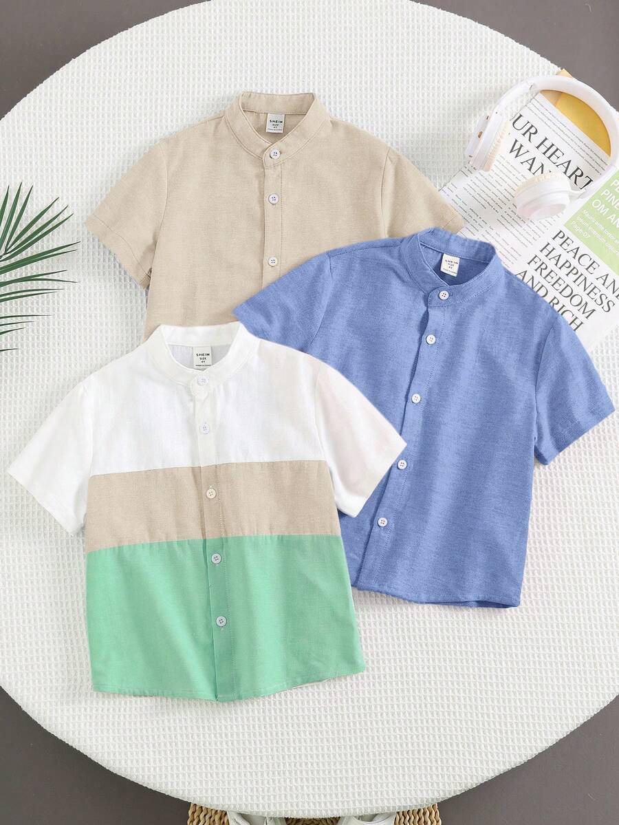 SHEIN Buy 2 Get 1 Free 3pcs/Set Young Boys' Casual Daily Versatile Colorblock Collar Short Sleeve Woven Shirts, Suitable For Spring/Summer, Daily Wear, Sports, Outings, School, Gatherings, Festivals, Photo Shoots, Back To School Season - Multicolor - View 1
