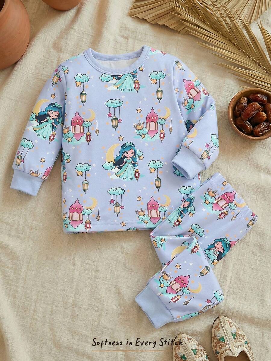 Cozy Pixies 女婴卡通动物印花针织柔软圆领长袖上衣和松紧腰长裤两件套贴身睡衣套装 - 紫色 - 查看 1