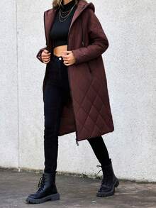 Aveloria Modichic Women's Solid Color Long Sleeve Zip Front Drawstring Hooded Casual Winter Jacket - Coffee Brown - View 3