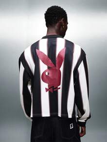 PLAYBOY X SUMWON 条纹 Polo 衫，背面印有大图案，短袖，翻领，纽扣门襟，常规版型，休闲男装 - 彩色 - 查看 5