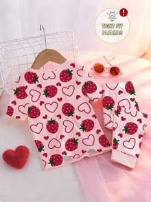 一套女童草莓爱心印花修身短袖上衣和裤子睡衣套装，春夏款 - 粉色 - 查看 2