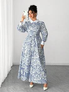 Abito camicia elegante e alla moda da donna Elenzga, con colletto, vita arricciata e stampa integrale a contrasto di colore, abito lungo con maniche lunghe in stile maxi, adatto all'autunno - Blu e Bianco - Visualizzare 4