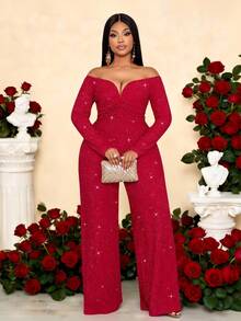 SOLERSUN Women's Fashionable Elegant V-Neck Off Shoulder Long Sleeve Party Night Club Sparkly Fabrics Jumpsuits, Suitable For Christmas Party Valentine's Day Dating,Fall,Winter,Sexy,Party,Elegant,Chinese Red,2026,New Year